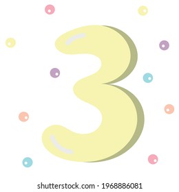 Colorful cartoon number three  for kids, greeting card template. Vector illustration