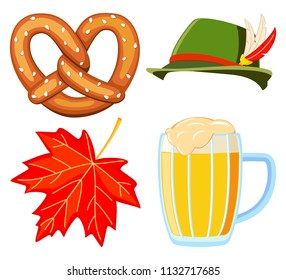 Colorful cartoon oktoberfest 4 elements set. Beer festival collection. Autumn festive vector illustration for icon, emblem, sticker, label, badge, sign, certificate or banner decoration