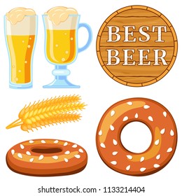 Colorful cartoon oktoberfest 6 elements set. Best beer festival collection. Autumn festive vector illustration for icon, sticker, patch, label, badge, sign, certificate or banner decoration