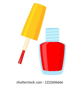 Colorful cartoon open red nail polish. Hand hygiene solution. Beauty manicure themed vector illustration for icon, logo, stamp, label, sticker, badge, gift card, certificate or flayer decoration