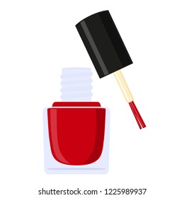 Colorful cartoon open red nail polish bottle. Hand hygiene solution. Beauty manicure themed vector illustration for icon, stamp, label, sticker, badge, gift card, certificate or flayer decoration