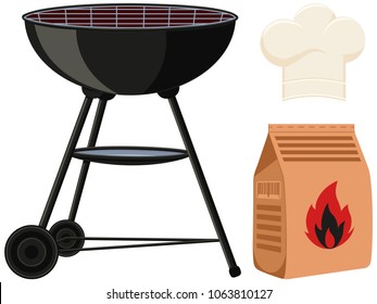 Colorful cartoon outdoors cooking set. BBQ grill, coal bag, chef hat. Holiday recreation vector illustration for banner sticker badge, sign, stamp, logo, label, icon poster, patch