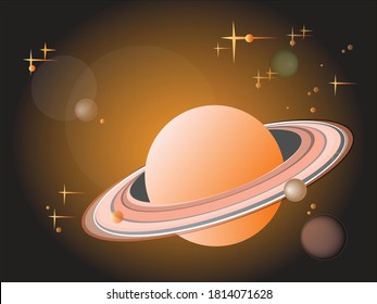 Colorful cartoon outer space abstract background with big Saturn planet, stars and other planets against the soft glow of the sun. Vector artwork illustration for design and banners.