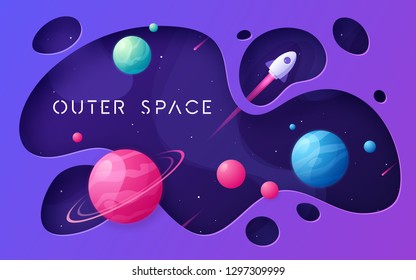 Colorful Cartoon Outer Space Background, Design, Banner, Artwork. Vector Illustration.