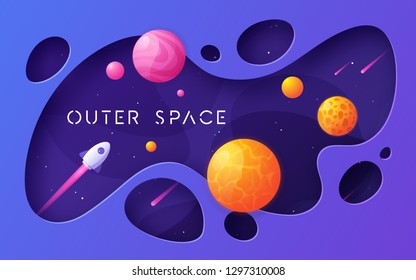 Colorful cartoon outer space background, design, banner, artwork. Vector illustration.