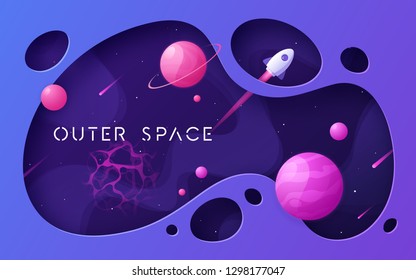 Colorful cartoon outer space background, design, banner, artwork. Vector illustration.