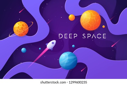 Colorful cartoon outer space background, design, banner, artwork. Vector illustration.