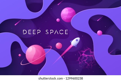 Colorful cartoon outer space background, design, banner, artwork. Vector illustration.