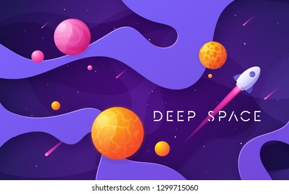 Colorful cartoon outer space background, design, banner, artwork. Vector illustration.