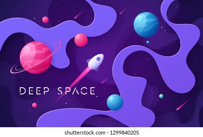 Colorful cartoon outer space background, design, banner, artwork. Vector illustration.