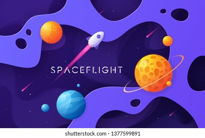 Colorful cartoon outer space background, design, banner, artwork. Vector illustration.