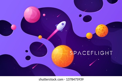 Colorful cartoon outer space background, design, banner, artwork. Vector illustration.