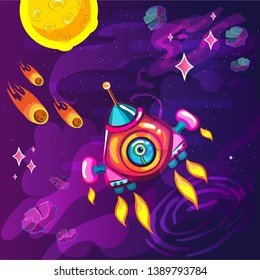 Colorful cartoon outer space background, design, banner, artwork with rocket. Background for game.