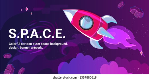 Colorful cartoon outer space background, design, banner, artwork, with rocket.