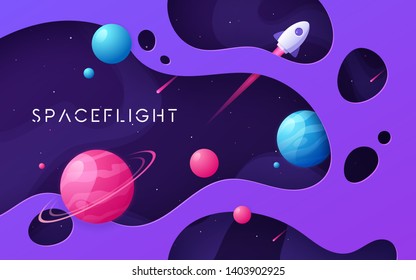 Colorful Cartoon Outer Space Background, Design, Banner, Artwork. Vector Illustration.