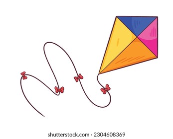 Colorful cartoon outlined kite vector illustration with red bow tie decoration on the thread isolated on horizontal white background. Traditional old international outdoor games.