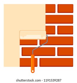 Colorful cartoon paint roller on brick wall. Handyman tool for home repair. Construction themed vector illustration for icon, sticker, patch, label, badge, certificate or flayer decoration