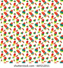 Colorful Cartoon Painted Birds of Feather Isolated on White Background. Seamless Pattern. Vector Illustration. EPS10