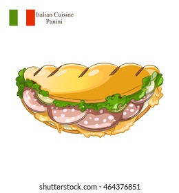 Colorful cartoon panini isolated on white background. Famous italian sandwich vector. Italian fastfood icon - panini cheese and sausage. 