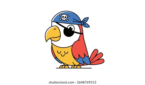 Um papagaio colorido vestido de pirata vestindo uma bandana e um tapa-olho está de pé