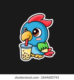 Colorful cartoon parrot sticker enjoying a drink in a cheerful style