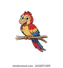 Colorful Cartoon Parrot Vector Sitting on a Branch – Fun Bird Illustration