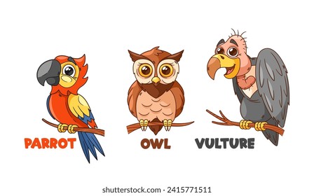 Colorful Cartoon Parrot With Vibrant Feathers, Wise And Scholarly Owl, And A Mischievous Vulture With A Sly Grin