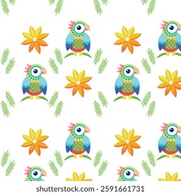 Colorful Cartoon Parrots, Flowers, and Leaves on White Background