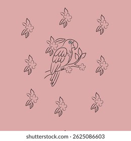 Colorful Cartoon Parrots, Flowers, and Leaves on White Background