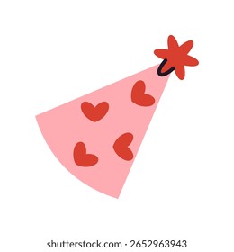 Boné colorido do partido do desenho animado com padrão do coração. Chapéu de cone plano de vetor para aniversário, férias ou design de celebração. Objeto de clip-art isolado bonito.