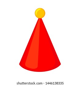 Colorful cartoon party hat. Bobble on top. Birthday party themed vector illustration for icon, stamp, label, certificate, brochure, gift card, poster, coupon or banner decoration