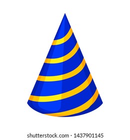 Colorful cartoon party hat. Diagonal stripes. Birthday party themed vector illustration for icon, stamp, label, certificate, brochure, gift card, poster, coupon or banner decoration