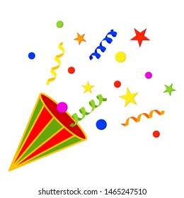Colorful cartoon party popper. Holiday cracker props. Birthday themed vector illustration for icon, stamp, label, certificate, brochure, gift card, poster, coupon or banner decoration