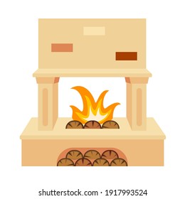 Colorful cartoon pastel brick fireplace. Warm winter home heater. Christmas theme vector illustration for poster, label or gift card decoration