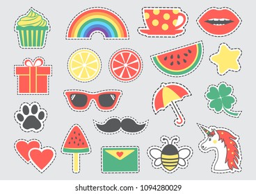 Colorful cartoon patch badges. Set of fashion cute icons with dotted lines. Vector illustration