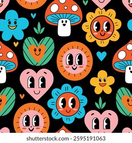 Colorful cartoon pattern featuring cheerful flowers, smiling hearts, and whimsical mushrooms on a dark background