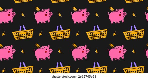 Colorful cartoon pattern featuring pigs and shopping baskets on a black background