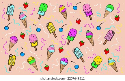 colorful cartoon pattern ice cream with lychee and strawberry