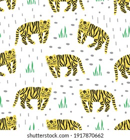 Colorful cartoon pattern with tigers on a white background. Seamless vector flat illustration with jungle animals for fabric, wallpaper, surface design