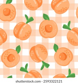 Colorful cartoon peach or apricot fruit seamless pattern isolated on white background. Doodle simple vector juicy food. Juice packaging design. Summer fabric print template.