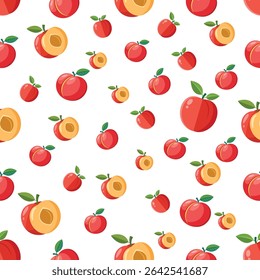 Colorful Cartoon Peach Pattern with Whole and Sliced Fruits and Green Leaves for Fresh Summer Design Background.