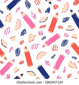 Colorful cartoon pencils and scribbles, vector seamless pattern