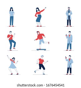 Colorful cartoon people big collection. Flat vector illustrations of man and woman dancing, skating, standing. Everyday activity and lifestyle concept for banner, website design or landing web page