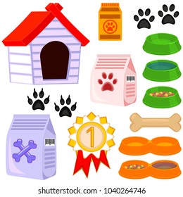 Colorful cartoon pet care 13 icon set poster. Vector illustration for gift card, flyer, certificate banner, logo, patch, sticker