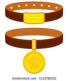 Colorful cartoon pet collar set. Simple supplies for domestic animal. Cat and dog care themed vector illustration for icon, sticker, patch, label, badge, certificate or gift card decoration