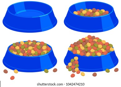 Colorful Cartoon Pet Food Bowl Set. Various Filling State. Cat Dog Care Themed Vector Illustration For Gift Card, Flyer, Certificate Banner, Logo, Patch, Sticker