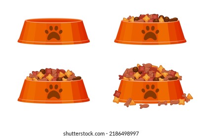 Colorful cartoon pet food bowl set. Various filling state. Cat dog care themed vector illustration for gift card, flyer, certificate banner, logo, patch, sticker