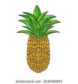 Colorful cartoon pineapple vector illustration isolated on white background. Hand drawn yellow pineapple with green leaves
