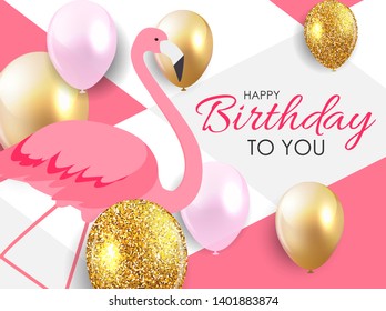 Colorful cartoon Pink Flamingo on a beautiful background greeting card for birthday greetings. Vector Illustration. EPS10