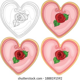 Colorful cartoon pink heart with rose flower for Valentine's day sketch template set. Bright vector illustration in color and black and white for game, background, pattern, decor. Coloring paper, page